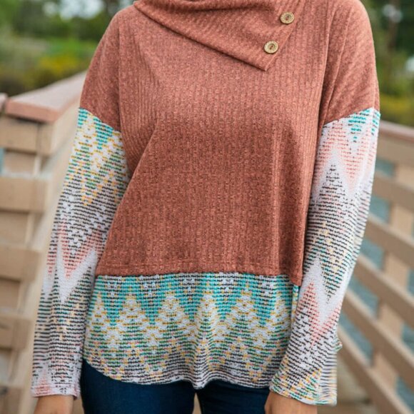 Two Tone Chevron Pattern Oversized Knit Turtleneck  -Sizes:  2x and 3x - Picture 5 of 5